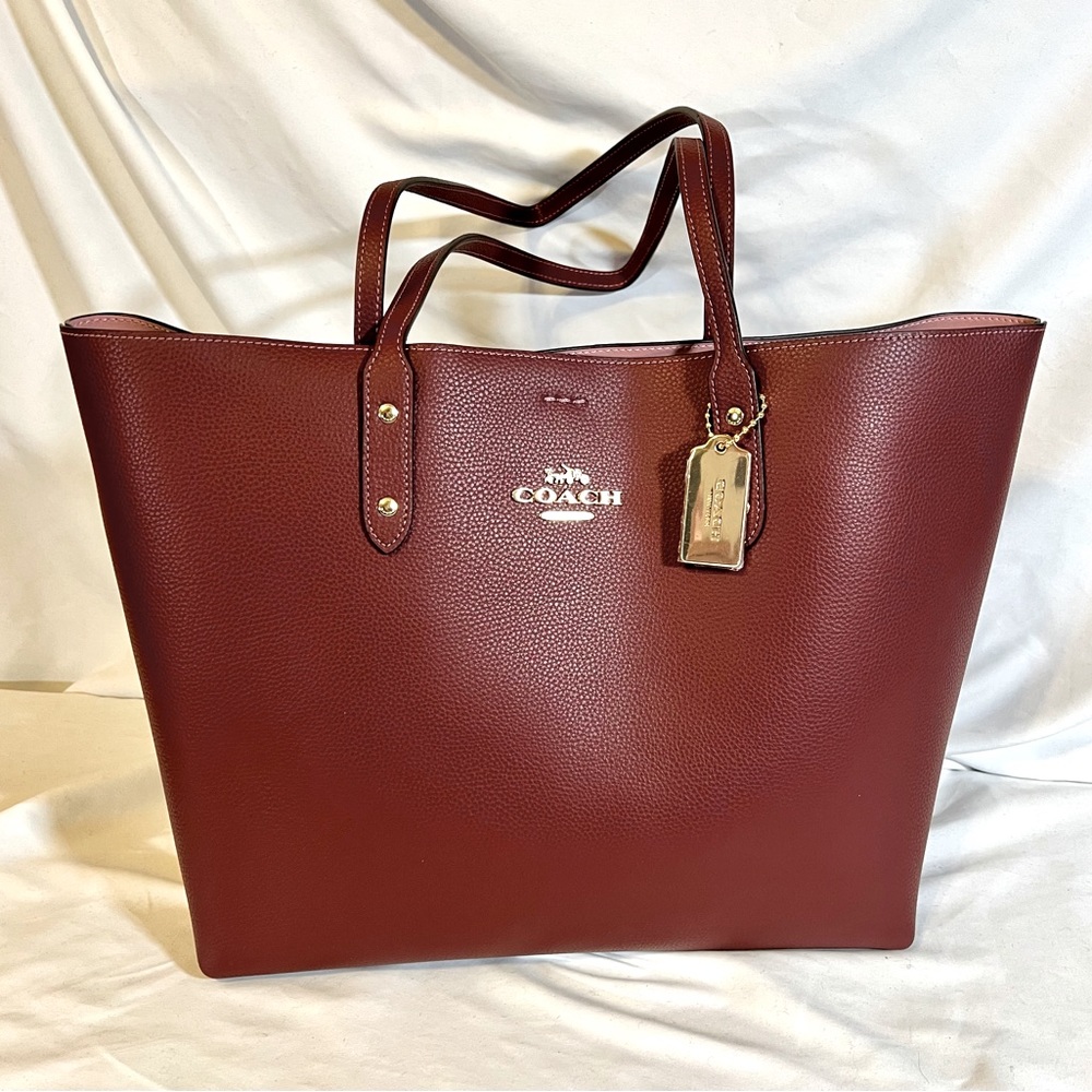 New Coach 72673 Town Tote Pebble Leather Wine Shoulder Bag